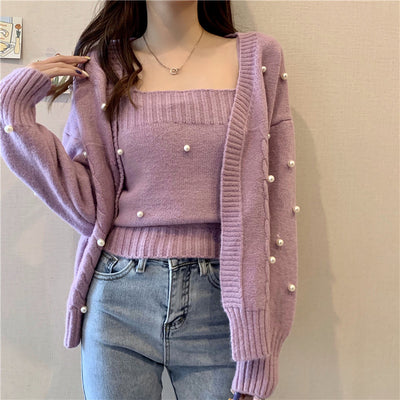 2 Piece Sets Tender Pearls Cardigans Women Sweaters Knitted Long Sleeve Jumpers Female Autumn Warm All-match Girlish Streetwear