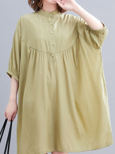 Stand Collar Single Breasted Cotton Loose Summer Dress Korea Style Batwing Sleeve Office Lady Work Dress Women Casual Midi Dress