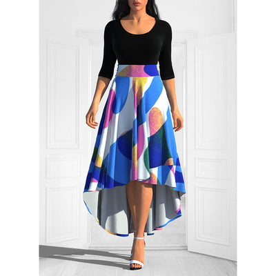 Geometric Printing Bandage A-line Skirt Autumn Round Neck Gradient Color Half Sleeve Irregular Dresses Elegant Plus Size Female