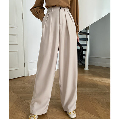 2022 Autumn Office Lady Simple Pleated Wide Leg Suit Pants Women Casual Loose Straight High Waist Drap Trousers