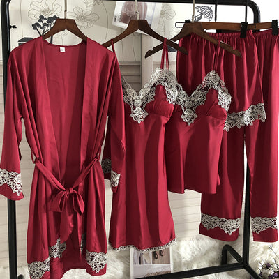 5PC Satin Silk Sleepwear Set Women Nightshirts V-Neck Pajamas Spring Wear Home Suit Negligee Robe Gown Bathrobe Silky Nightdress