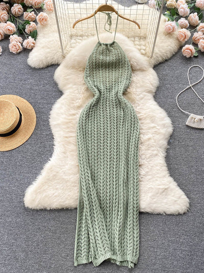 Foamlina Knitted Beach Cover Up Women 2022 Summer Solid Lace-up Halter Neck Sleeveless Backless Hollow Out Maxi Dress Beachwear