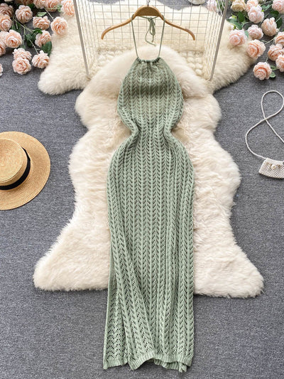 Foamlina Knitted Beach Cover Up Women 2022 Summer Solid Lace-up Halter Neck Sleeveless Backless Hollow Out Maxi Dress Beachwear
