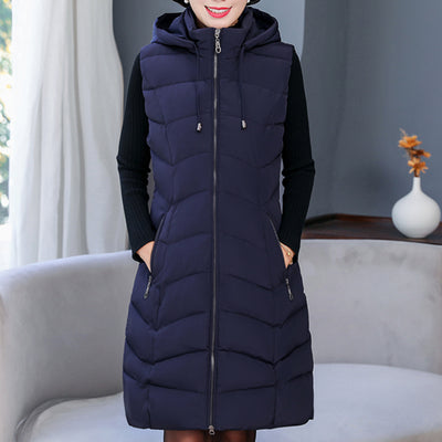 Long Winter Vest Down Jack Women's Solid Hooded Pockets Zipper Padded Ladies Casual Sleeveless Jacket Warm Waistcoat for Female