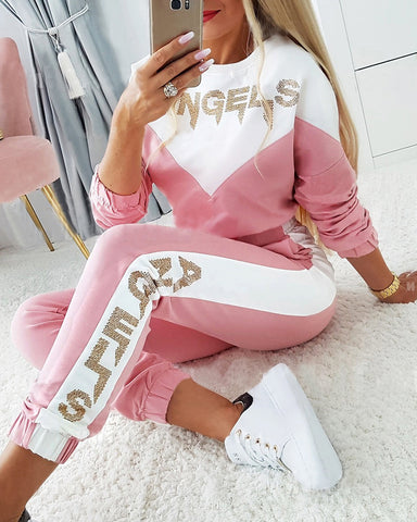 Women 2pcs Clothes Suit Sweatshirt Letter Print Colorblock Long Sleeve Top &amp; Pants Set Ankle Length Pants