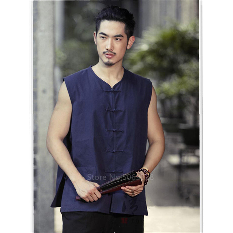 Chinese Tang Suit Top Sleeveless Vest Traditional Chinese Clothing for Men Cotton Buckle Manual V Neck Casual  Outfits