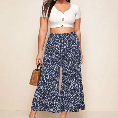 Plus Size WomenFresh And Elegant Wide Leg Pants And Nine Part Floral Flared Wide Legs Loose Casual Cropped Trousers XL-4XL