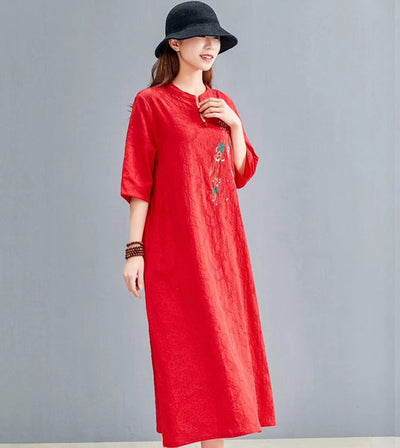 Cotton Linen Dresses Summer 2021 Embroidery Robe Vintage Femme Chinese Style Clothing Women Oriental Chinese Dress Qipao 11789