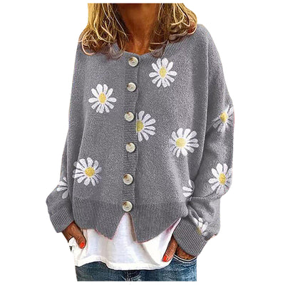 Casual Floral Printed Long Sleeve Knitted Cardigan Sweaterdames Vesten Lange Printing Sweaters Autumn Winter New Fashion