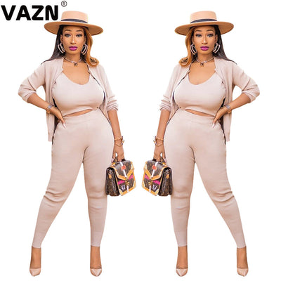 VAZN 2021 New Women Bandage Solid O-neck Elegant Lady 3PCS Set Outdoor Clothing Suit Women Full Sleeve Tracksuit