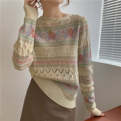 knitted flower Printed Women Sweater O-neck Long Sleeve Pullover 2022 Spring Autumn Black Beige Loose Sweet Korean Knitwear Top