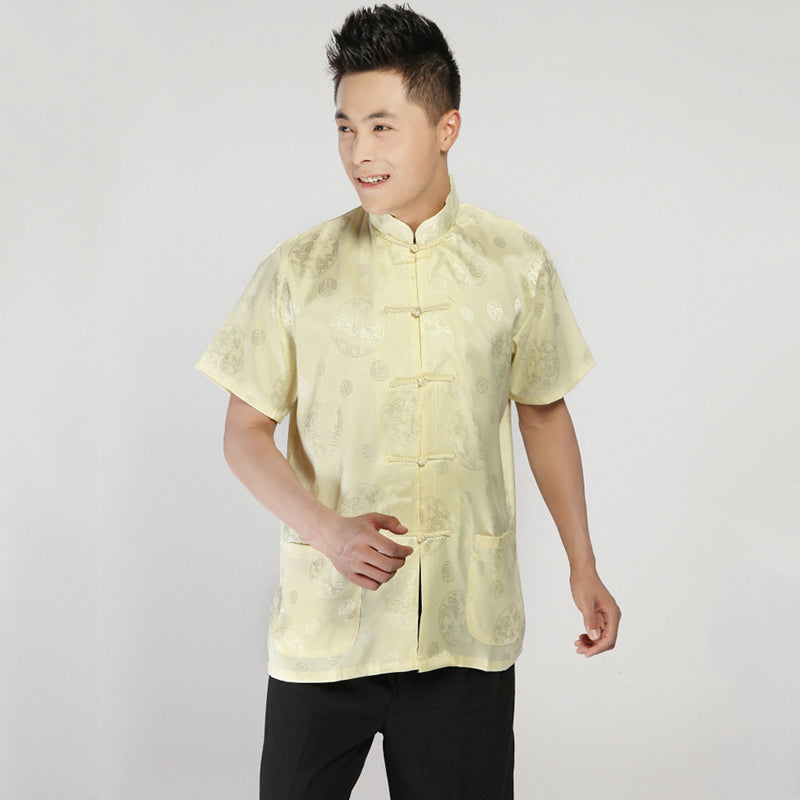 4Color Chinese Traditional Men Top Adult New Year Tang Suit Short Sleeve Satin S-3Xl 2022 Mens Performance Fashion Work Clothes