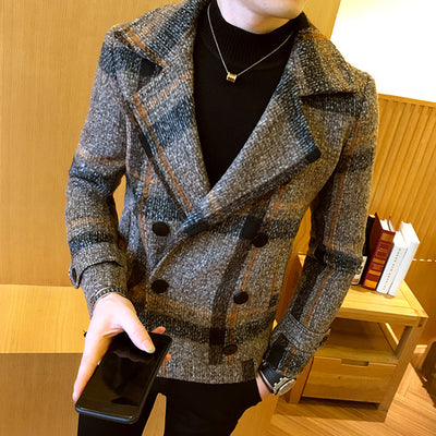 Men's Short Woolen Coat for Fall/winter 2022 High-quality Fashion Men's Double-breasted Plaid Business Casual Thick Warm Jacket