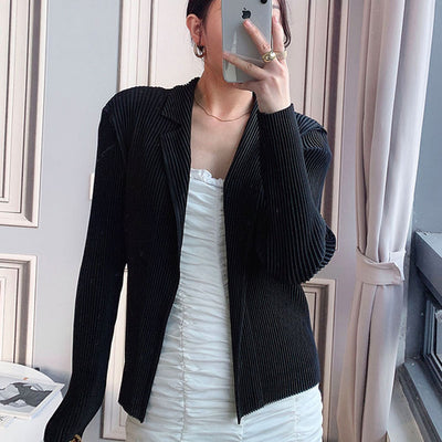 miyake pleated casual black jacket 2021 spring and autumn slim elegant thin vintage folda trend short Blazers for woman