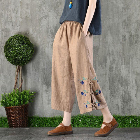 2021 New Arrival Summer Women Casual Loose Ankle-length Pants Elastic Waist Floral Embroidery Cotton Linen Wide Leg Pants P97