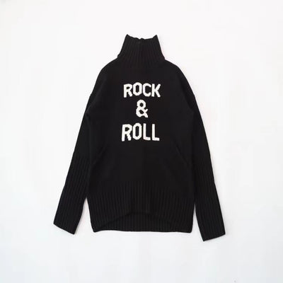 Letter Jacquard Women Turtleneck Sweater Hem Slit  Cashmere Long Sleeve 2022 Autumn Winter Ladies Jumper 2 Colors
