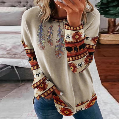 Womens Vintage Print Round Neck Long Sleeve Ladies Pullover Sweatshirt