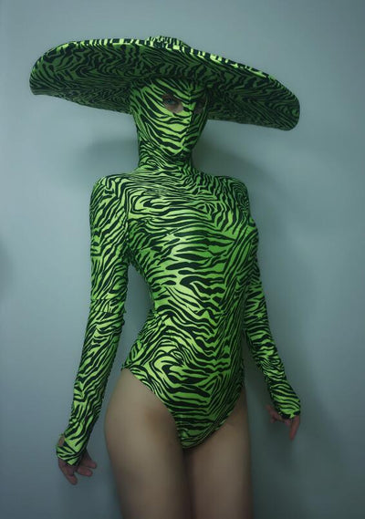 Green Black Zebra Stripes Bodysuit Big Hat Women Nightclub Costume Dance Team Jazz DJ Performance Leotard Catwalk Stage Wear