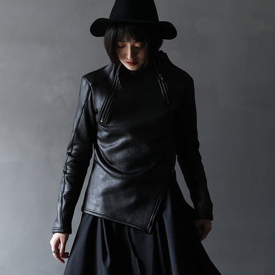 UMI MAO Dark Yamamoto Style Irregular Stand Collar Diagonal Zipper Faux Leather Sweatshirt Female Cool Black Gothic Jacket Y2K