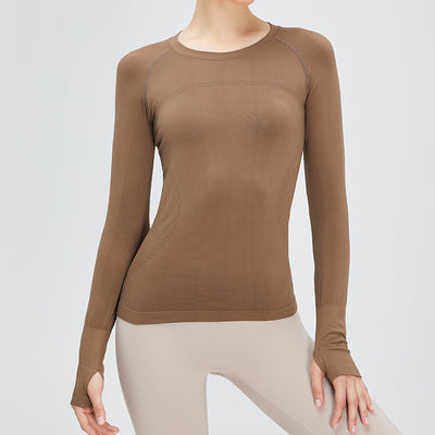 CHRLEISURE Seamless Yoga Shirts Fitness Top Women's Long Sleeve Workout Blouse Solid Round Neck Naked Feeling Jogging T-Shirt