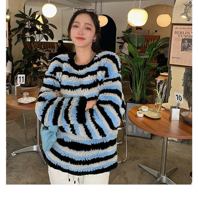 Women Short Jacket With O Neck Knitted Natural  Fur Coat Autumn Winter Spring Sweater For Femme Full Sleeve Outwear