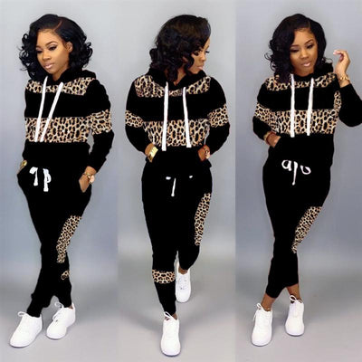 Woman Tracksuit Early Spring Autumn Leopard Pathwork Hoodies Long Sleeve Sweatshirt Sports Outfits Pant Two Pieces Set Women Set