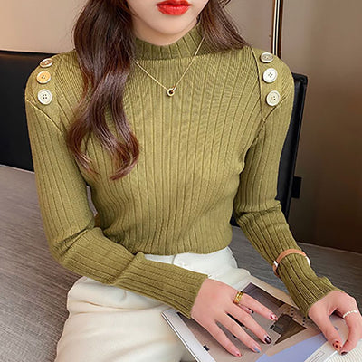 Pullover Knitted Women Sweater Winter 2021 Button Half High Collar Basic Slim Casual Ribbed Knitwear Top Autumn Woman Sweaters