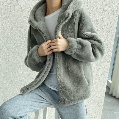 Women's Wool Lamb Coat Cute Bear Stand Collar Loose Thickened Warm Zipper Cardigan 2021 Winter New Solid Color Sweater Girl