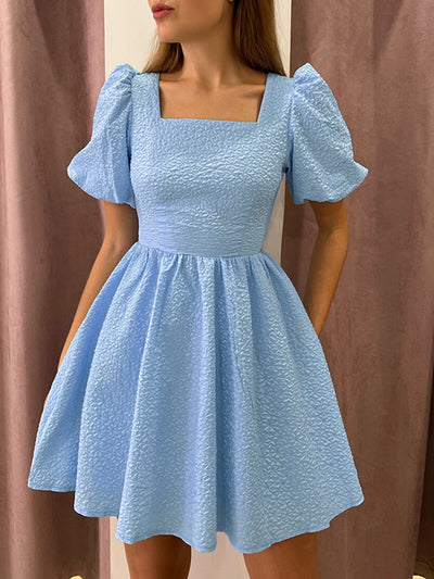 2022 New French Style Square Collar Party Dress Sexy Backless Tie-Up Elegant Dress Women Fashion Puff Sleeve Jacquard Mini Dress