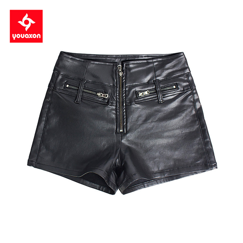 2382 Youaxon New 3 Colors Mid High Waist PU Fleece Skinny Shorts Women`s Sexy Stretchy Zipper Shorts For Women