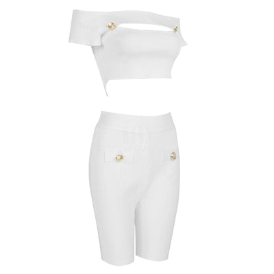 New Summer White Two-Piece Set Women'S Sexy Corset Top High Waist Pants Club Celebrity Party Shorts Suit