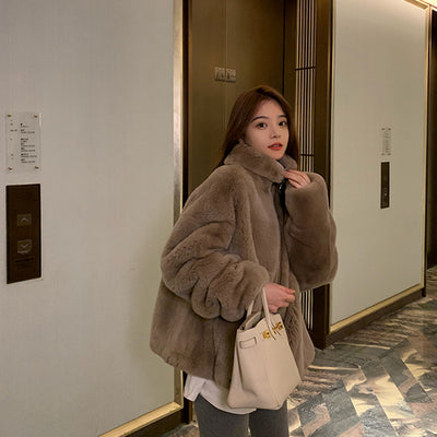 Women&#39;s Plush Coat Stand-up Collar Warmth and Thick New Youth Imitation Rex  Fur Fashion Western Style Imitation Fur Coat