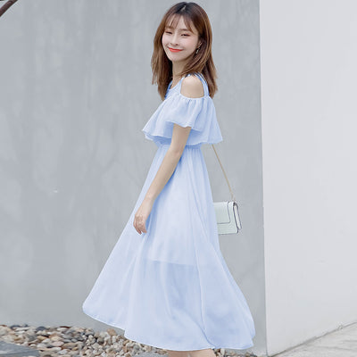 Women Summer Dress Chiffon Floral Print Off Shouder 2022 New Elastic Waist A-line Ruffle Midi Dresses Female Vestidos Robe Femme