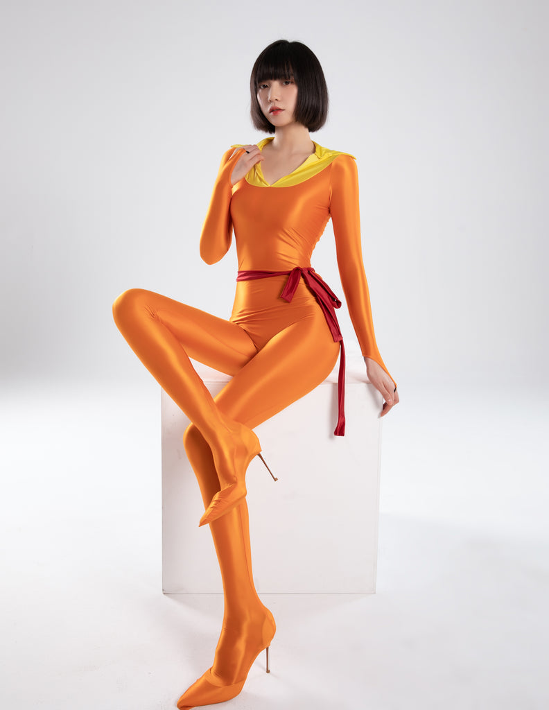 DROZENO Cosplay plays the role of nylon long-sleeved pierced solid color one-piece suit, shoes and clothes, all-inclusive satin