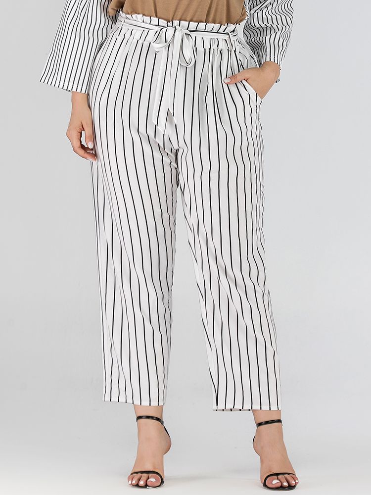 Plus Size Trousers Striped Belted Pants Elegant Office Ladies Pocket High Waist Casual Pants