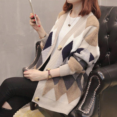 Women&#39;s Wool Sweater Cardigan Autumn and Winter New Splicing Coat Women&#39;s Korean Medium and Long Loose Sweater