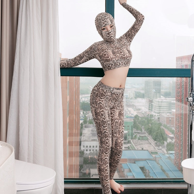 Sexy Legging+Long Sleeve Short top Snake Skin Pattern Tight Pencil Pants Cosplay Masked Beauty Erotic Lingerie Sexy Costumes