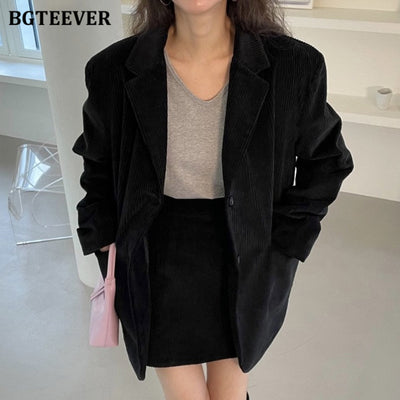 BGTEEVER Vintage Loose Women Corduroy Skirt Suits Full Sleeve Single-breasted Blazer &amp; Mini Skirts Elegant Ladies 2 Pieces Set
