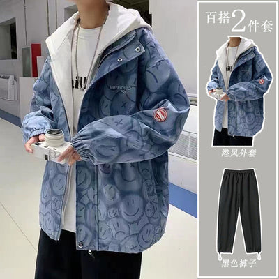 Coat Men&#39;s Spring and Autumn Trend Loose Fake Two Ruffian Handsome Hooded Jacket Men&#39;s Suit with Handsome Two-piece Suit