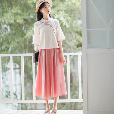 Woman Traditional Chinese Clothing Sets Retro Embroidery Half Sleeve Hanfu Spring Women Elegant Oriental 2 Pieces Tang Suit