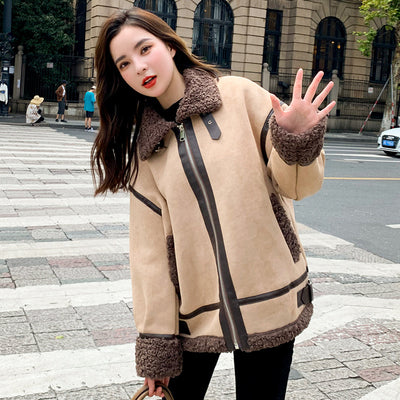 Lambs Wool Woman Winter Coat Leather Patchwork Warm Loose Streetwear Tutleneck Korean Fashion Winter Jacket Female Outwear