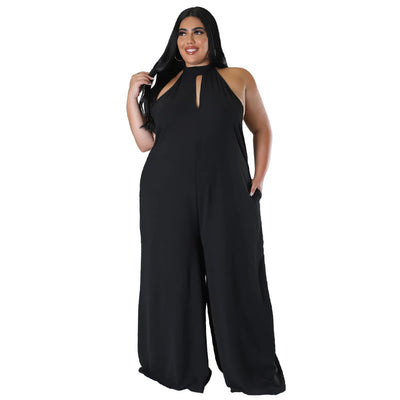 Plus Size Women 4xl Jumpsuit Halter Solid One Piece Outfit Casual Sleeveless Club Jumpsuit Summer Lady Wide Leg Pant Wholesale