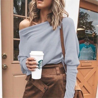Women Sexy Off-the-Shoulder Raglan Sleeves Word-Neck Tops 2022 Autumn And Winter New Solid Color Loose Long-Sleeved Ladies Tops
