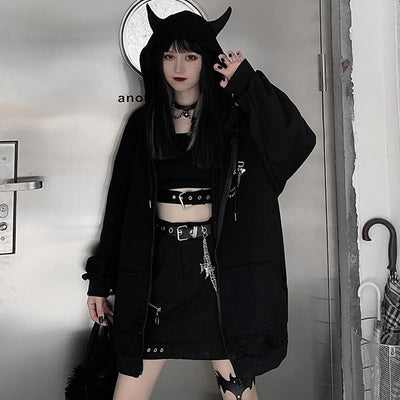 Japanese Zip Up Hoodie Zipper Women Harajuku Punk Gothic Sweatshirt Fairy Grunge Black Jacket Coat Streetwear Alt Emo Clothes