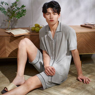 Men Cardigan Pajamas Set Summer Modal Jacquard Male Pyjamas Loose Men Home Set Sleepwear Short-sleeve Tops + Short Pants 2pcs