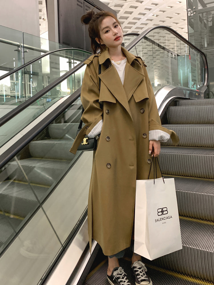 Brand New Oversize Long Trench Coat for Women Double-Breasted Black Khaki Outerwear Spring Autumn Lady Clothing Windbreaker