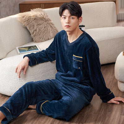 Autumn Winter Men Flannel Pajamas Set V-Neck Hedging Pajamas Sleepwear Thick Coral Fleece Keep Warm Pyjamas Male Home Clothing