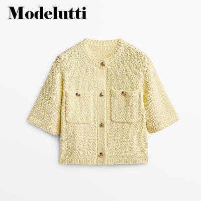 Modelutti 2022 New Autumn Fashionable Women Short Sleeve Knitted Sweater Coat Pockets Solid Wild Simple Casual Tops Female Chic