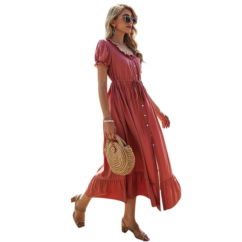 European and American Women&#39;s High Waist V-neck Short Sleeve Bohemian Print Casual Holiday Print Dress Summer Dress