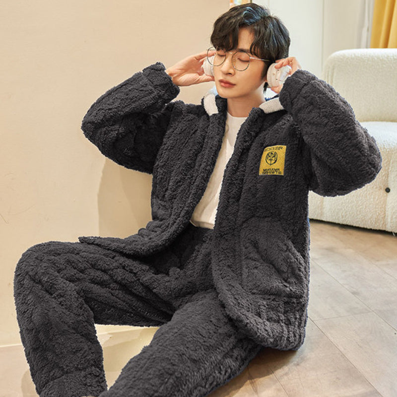 QUHENG 2022 Pajamas Set for Man Autumn Winter Flannel Long Sleeve Thicked Velvet Warm Coral Fleece Home Clothing Sleepwear Set